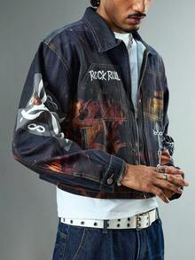 ROMWE MEN Men's Letter Print Long Sleeve Zip Front Denim Jacket - Black - View 7