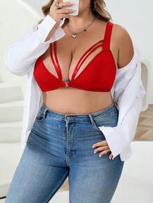 SHEIN CURVE+ 大码女式深V领蕾丝拼接浪漫吊带背心 情人节 - 紅色 - 查看 4