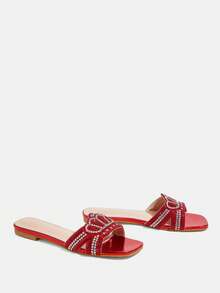 CUCCOO TILAWA Shiny Rhinestone Women's Flat Sandals With A Luxurious Style, Outdoor Vacation Style, Crown Rhinestone Women's Casual Commuting Flat Sandals - Red - View 4