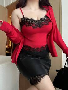 Vibekara 两件套蕾丝边性感V领吊带背心和长袖上衣，轻薄透气，适合春秋季穿着 - 紅色 - 查看 9