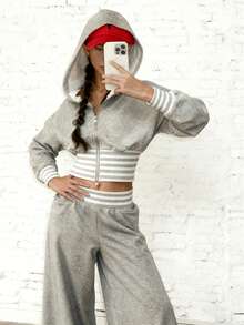INAWLY 2pcs Women Striped Patchwork Zip-Up Hoodie Sweatshirt Set, Slimming Casual - Grey - View 5