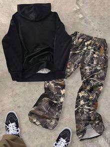 2 件青少年男孩休闲日常百搭舒适印花图案连帽套头衫直筒宽松运动裤针织两件套运动衫套装适合秋冬季 - 彩色 - 查看 2