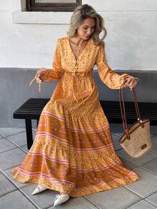 Breezaya Đầm maxi in hoa, thắt nút phía trước, tay bồng, gấu đầm xếp ly, thích hợp cho năm mới. - Màu vàng - Xem 6