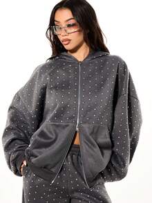 SUMWON WOMEN 超大款镶钻全拉链连帽衫，带中央口袋，适合秋冬季休闲舒适穿着。 - 深灰色 - 查看 7