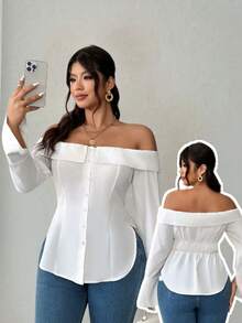 Elenzga 大码女式优雅纯色面料露肩设计，收腰剪裁，高端户外服饰，通勤友好显瘦开衩设计，高端百搭上衣 - 白色 - 查看 3