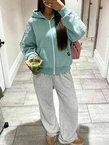 Manfinity Unisex Men's Knitted Casual Loose Fit English Embroidered Long Sleeve Zip Up Hoodie, Fall, Winter, Couple Things - Mint Green - View 8