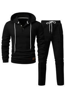 Manfinity Homme Conjunto de chándal casual con sudadera con capucha y pantalones con cordón con diseño gráfico para hombre - Negro - Ver 5