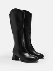 CUCCOO CURVES 女士时尚百搭通勤厚底高跟宽筒靴 - 黑色 - 查看 4