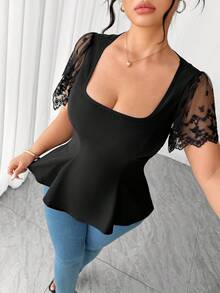 Elenzga Spring New Arrival Square Collar Lace Ruffle Sleeve Hollow Back Bow Design Plus Size Women Blouse, Fashionable For Outing, Holiday Date, Daily Wear, Classic Versatile, Commuting - Black - View 5