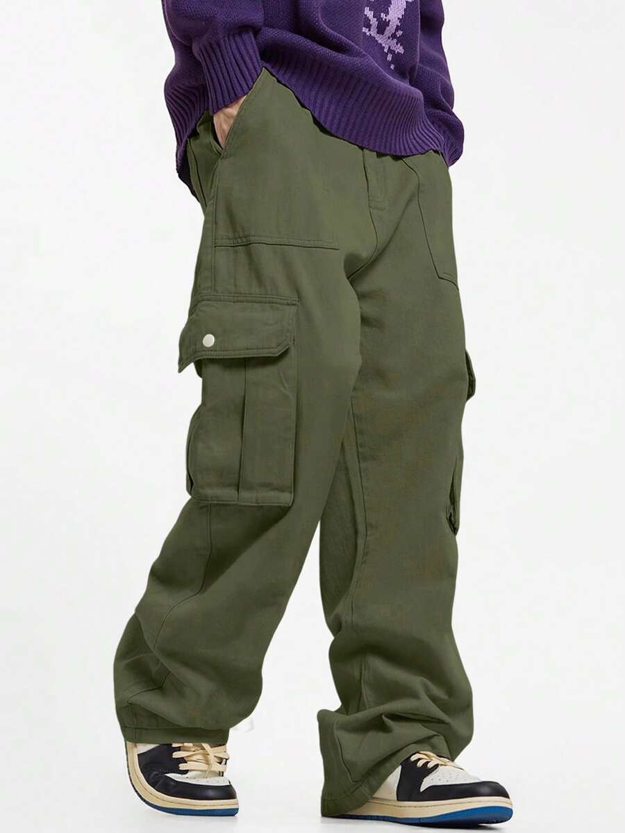 Chillumni Men's Casual Fashion Street Simple Versatile Solid Color Flap Pocket Side Loose Cargo Pants - Army Green - View 1