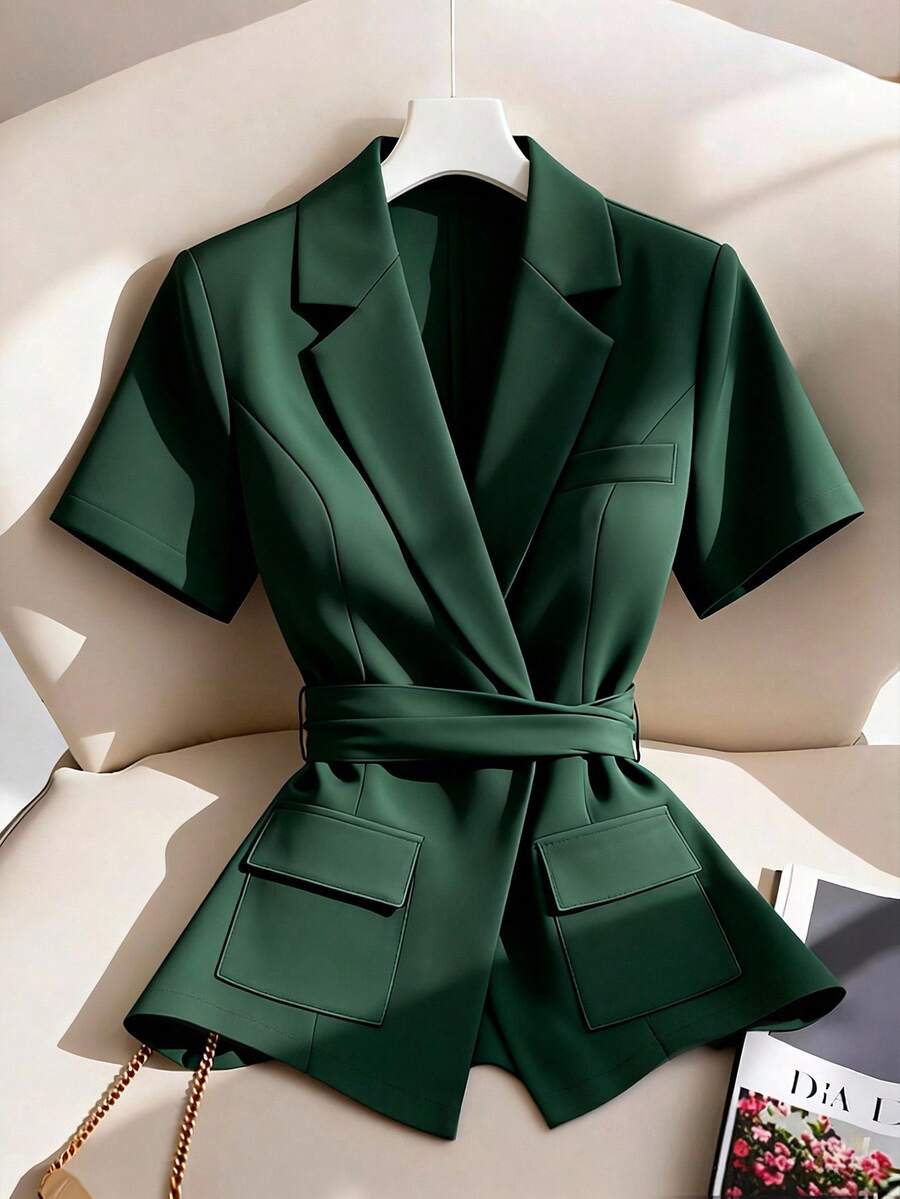 GlowEve Áo blazer nữ thời trang, phong cách retro, thanh lịch, tay ngắn, ôm eo, đa năng, phù hợp cho công sở. - màu xanh lá - Xem 1