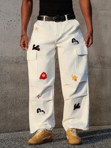 Manfinity EMRG Herren Jeans mit Cartoon Hund Grafik, Cargo Tasche und lässigen Falten - Weiss - Übersicht 7