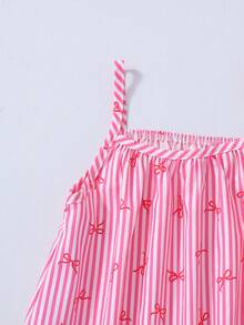 SHEIN Genkimix Kids 女童粉色条纹蝴蝶结无袖连衣裙：百搭休闲装，可爱幼儿连衣裙，饰有蝴蝶结图案，非常适合玩耍、家庭出游、休闲聚会和日常穿着。时尚设计，搭配同款包包，打造舒适可爱的日常造型。 - 粉色 - 查看 4