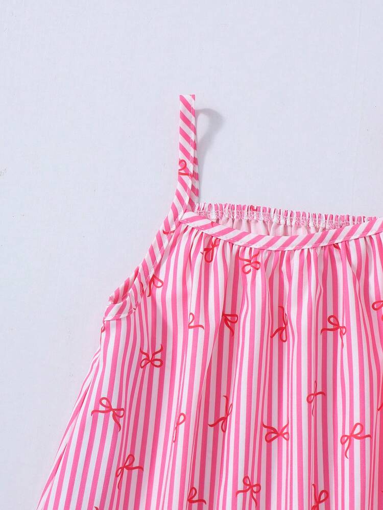 SHEIN Genkimix Kids 女の子用ピンクストライプ リボン ノースリーブ
