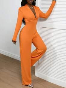 Xyvia Women's V-Neck Cinched Waist Yellow Bodycon Long Jumpsuit, Vintage Minimalist Sexy Elegant For Commute, Date, Party, Everyday Wear, Autumn