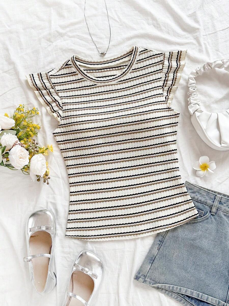 Soleia 休闲度假、西部海滩、婚礼宾客、毕业典礼、早午餐、圣帕特里克节、春假、复活节、音乐节 优雅波西米亚热带条纹印花荷叶袖T恤，春夏、假日、海滩 - 彩色 - 查看 1