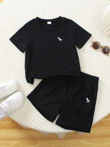 3件套幼儿男童恐龙印花圆领短袖T恤和宽松长裤套装，面料柔软舒适，适合日常穿着、上学、度假、玩耍、春夏季节穿着。 - 彩色 - 查看 6