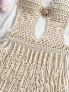 Soleia Women's V-Neck Halter Tie Back Fitted Sweater Dress, Bohemian, Boho, Vacation, Autumn/Winter - Apricot - View 5