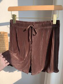 SHEIN EZwear Summer Solid Tie Front Wide Leg Baggy Shorts - Coffee Brown - View 6