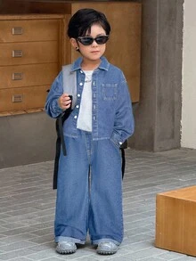 SHEIN Bộ 2 chiếc áo sơ mi dài tay ve denim màu xám cho bé trai và quần ống rộng - Rửa nhẹ - Xem 7