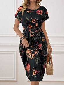 Miaspire 女士优雅花卉印花抽绳腰中长连衣裙，夏季