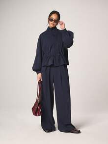 MISSGUIDED Quần tây nữ ống rộng cạp cao kẻ sọc với chi tiết xếp ly và túi bên hông, thích hợp cho công sở mùa đông và xuân. - Màu xanh hải quân - Xem 3