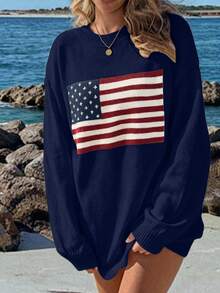 SoleilVie Flag Pattern Drop Shoulder Long Sleeve Sweater,Long Sleeve Tops, Knit Pullover Fall Winter - Royal Blue - View 4