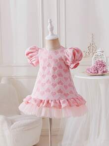 Glamorique Kids Robe de poupée à manches courtes en tissu jacquard en forme de cœur avec ourlet en maille pour bébé fille, robe rose pour anniversaire, mariage, fête