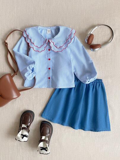 PrepCrw 2pcs Young Girls Elegant Urban Casual Collegiate Striped Lapel Collar Red Ruffle Trim Woven Long Sleeve Top And Blue Skirt Set, Suitable For Back To School, Casual Outings, Trips, Gatherings, Holidays, Autumn/Winter Preppy Clothes For Girls Kids Blue Skirt For Kids Girls Autumn Clothes School Girl Preppy For 5 Year Olds Children S Jeans Skirt Set Light Blue Skirt Set For Girls Blue Shirts For Girls Clothes Set Young Girls Clothing Sets Collar Vintage Girl Clothes