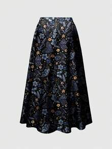 ROMWE Goth 大码宽松花卉、哥特、神秘花园、蝴蝶、日月印花半身裙 - 黑色 - 查看 2