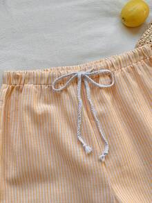 SHEIN EZwear 女士条纹亚麻低腰裤，简约时尚，适合夏季 - 黃色 - 查看 7