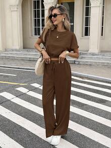 Serisse 蝙蝠袖露脐上衣和抽绳腰裤，纹理面料两件套 - 棕色 - 查看 3