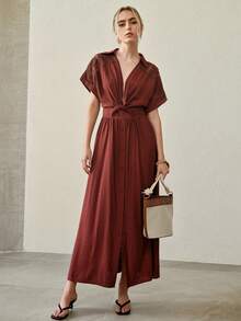 MOTF PREMIUM VESTIDO DE MUJER CON CUELLO EN V, CINTURA CEÑIDA Y ENCAJE DE CONTRASTE - Burdeos - Ver 4