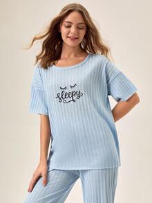 EURMUSE Women Casual Cotton Rib Knit Letter Print Drop Shoulder Short Sleeve Top And Pants Pajama Lounge Set - Blue - View 6