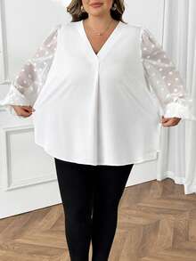 SHEIN CURVE+ 大码夏季休闲/工作透视瑞士圆点拼接灯笼袖衬衫 - 白色 - 查看 8