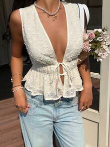 Serisse 女士性感纯色纹理系带无袖上衣，夏季 - 杏色 - 查看 1