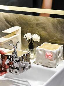 Joivida 1个可爱牙刷架，奶酪造型方形陶瓷收纳盒，台面化妆刷和剃须刀收纳架，多功能牙刷牙膏收纳架，浴室配件，家居装饰，家居家具 - 彩色 - 查看 10