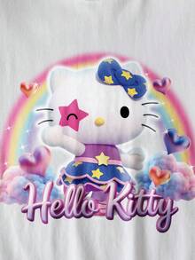 HELLO KITTY AND FRIENDS | SHEIN 女士休闲可爱卡通猫图案短袖T恤，夏季 - 白色 - 查看 2