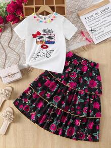 2pcs/Set Tween Girl Round Neck Puff Sleeve Colorful Rose Mask Print Top And Floral Print Cake Skirt, Suitable For Outings And Gatherings Skirt Set For Teens Skirt Set For Girls 2 Piece Sets Skirts Shirt With Skirt For Girls Printed Skirt - White - View 6