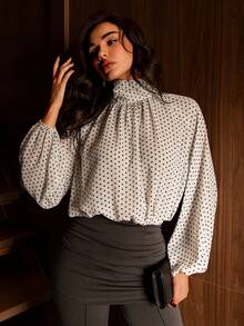 Modelyn Polka Dot High Neck Long Sleeve Fashionable Blouse For Women - White - View 1