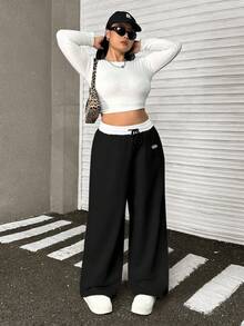 SHEIN PETITE CURVE 大码女式字母印花抽绳腰带口袋阔腿休闲宽松运动裤，适合毕业季、返校季穿着，也适合教师穿着。 - 黑色 - 查看 3