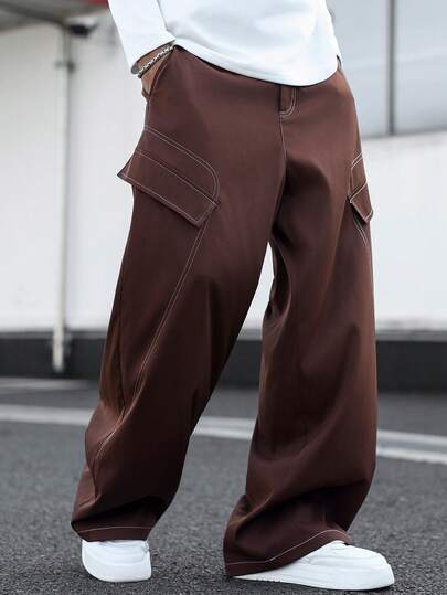 Manfinity Hypemode Men's Straight Leg Casual Pants, Coffee Brown, Topstitching Design, Convenient And Stylish, Suitable For Street, Hiphop, All Seasons Matching, Great Gift For Boyfriend/Husband, Y2K,PAVTROS,Valentine's Day,I Love My Boyfriend,Vintage,Streetwear,Festival,