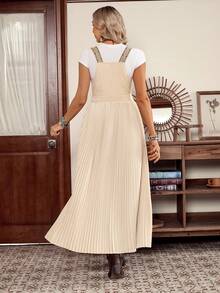 SHEIN LUNE LanaWest Women's Apricot Patchwork Pleated Long Dress, Slimming, Jacquard Ribbon With Metal Buckle, High-End Casual Resort Style, Spring/Summer - Apricot - View 2