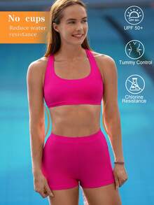 Swim Nautrix 新款夏季女士圆领无袖交叉露背吊带背心和纯色短裤休闲度假泳装套装 - 玫紅色 - 查看 2