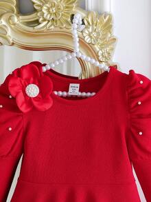 女童时尚红色针织圆领串珠泡泡袖A字裙，优雅珍珠花领，别致风格适合新年派对，春秋季 - 紅色 - 查看 4