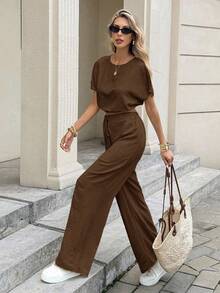 Serisse 蝙蝠袖露脐上衣和抽绳腰裤，纹理面料两件套 - 棕色 - 查看 6