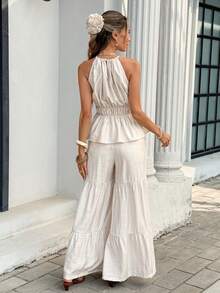 Serisse 女士休闲日常通勤度假风纯色露背荷叶边上衣和阔腿宽松裤两件套，夏季 - 杏色 - 查看 2