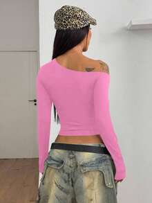 StreetHx 女士镂空装饰修身长袖T恤，初秋 - 玫紅色 - 查看 2