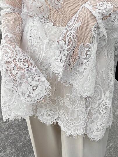 FRIFUL 女士纯色层叠薄纱蕾丝喇叭袖宽松休闲百搭衬衫，春季