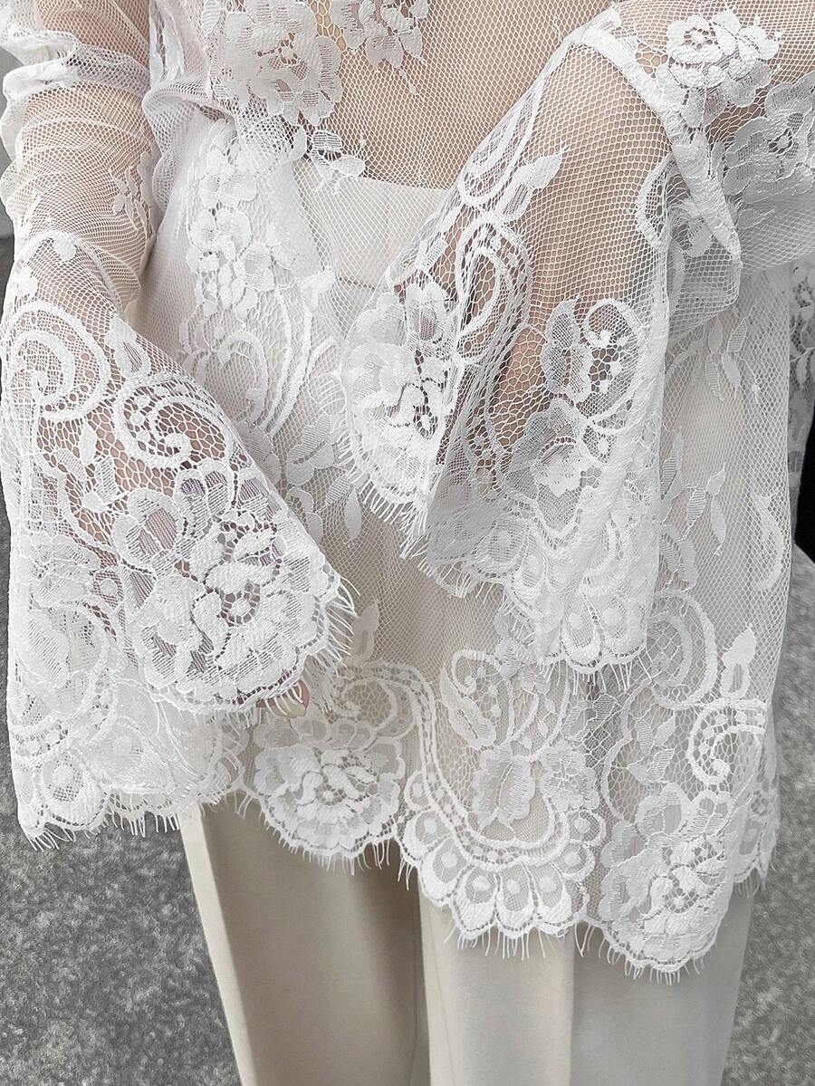 FRIFUL Áo kiểu nữ màu trơn, xếp lớp, ren xuyên thấu, tay loe, dáng rộng, thoải mái, đa năng, thích hợp cho mùa xuân. - trắng - Xem 1